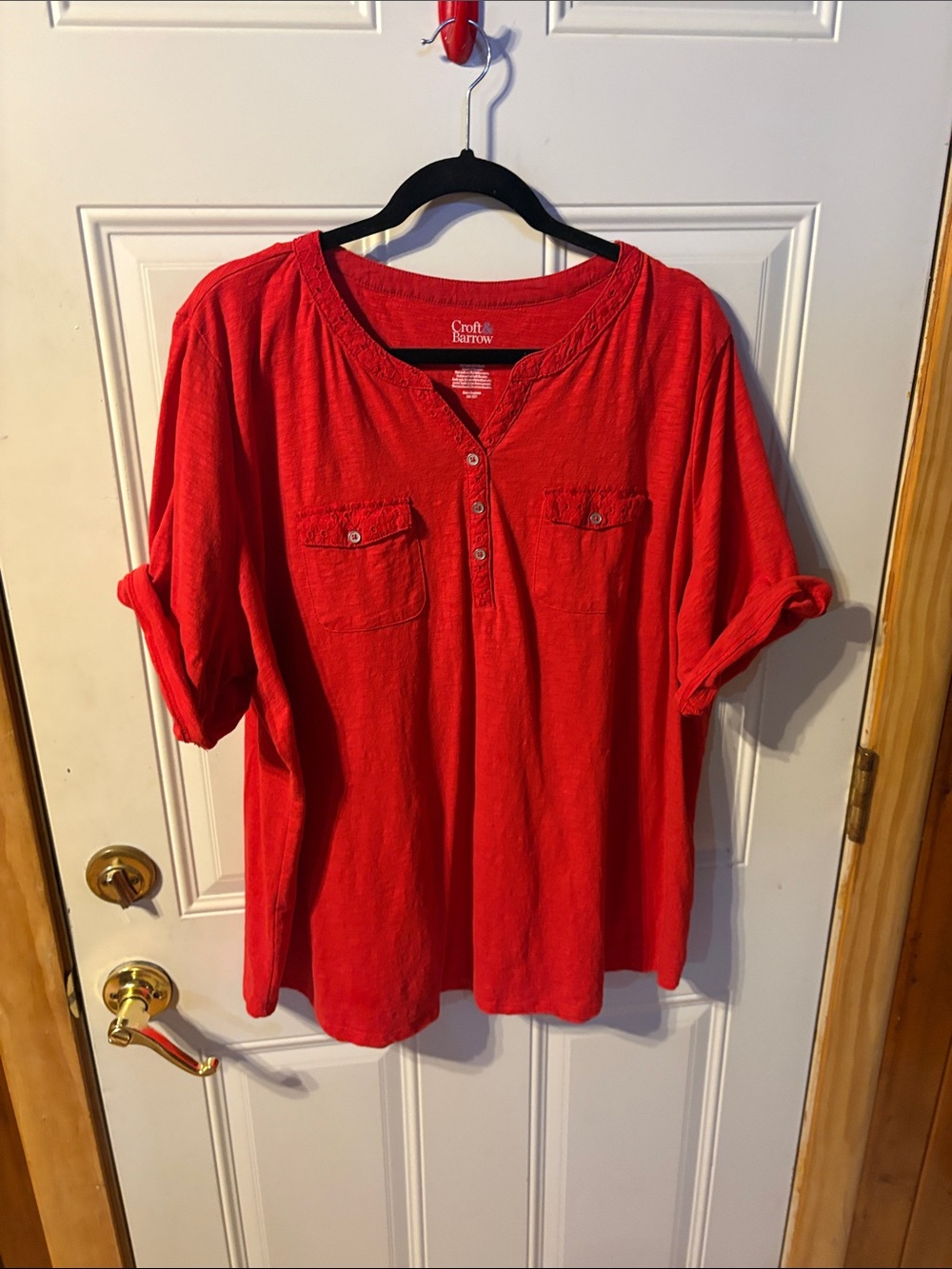 croft & barrow Bright Red Henley Pullover Top Size 2X